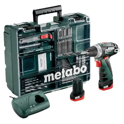 Акумулаторен винтоверт Metabo с колекторен двигател с 2 батерии и зарядно, 10.8 V, 2 Ah, 34 Nm, 1-10 мм, PowerMaxx BS Basic