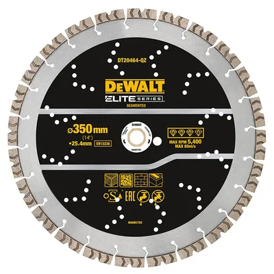 Диск диамантен за сухо и мокро рязане DeWALT на бетон, тухли и керемиди   350 мм, 25.4 мм, Elite