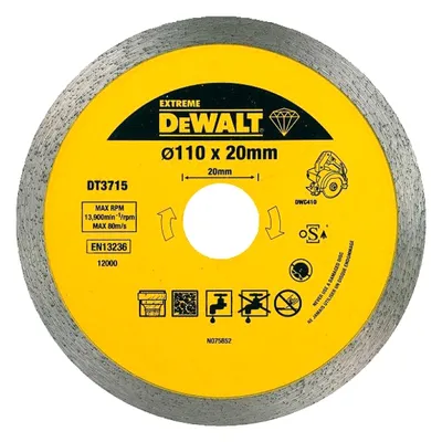 Диск диамантен за сухо и мокро рязане DeWALT на керамични плочки  110 мм, 20 мм, 1.6 мм, Extreme