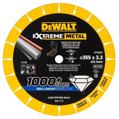 Диск диамантен за сухо рязане DeWALT на метал 355 мм, 25.4 мм, 3.3 мм, Extreme Metal