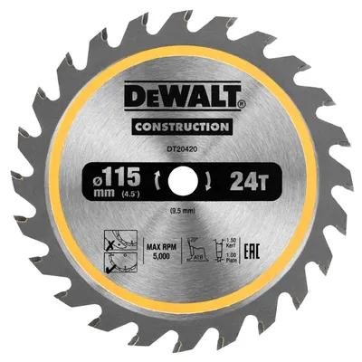 Диск циркулярен за рязане DeWALT на дърво грубо с HM пластини  115 мм, 9.5 мм, 1 мм, 24 z, Construction