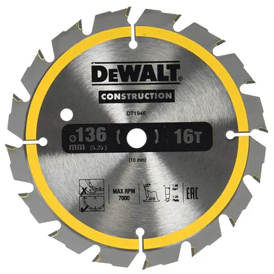 Диск циркулярен за рязане DeWALT на дърво грубо с HM пластини 136 мм, 10 мм, 16 z, Construction