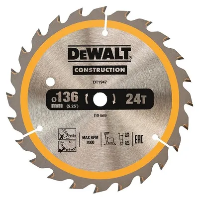 Диск циркулярен за рязане DeWALT на дърво грубо с HM пластини 136 мм, 10 мм, 24 z, Construction