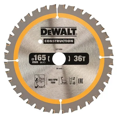 Диск циркулярен за рязане DeWALT на дърво грубо с HM пластини 165 мм, 20 мм, 36 z, Construction