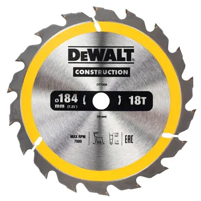 Диск циркулярен за рязане DeWALT на дърво грубо с HM пластини  184 мм, 16 мм, 18 z, Construction