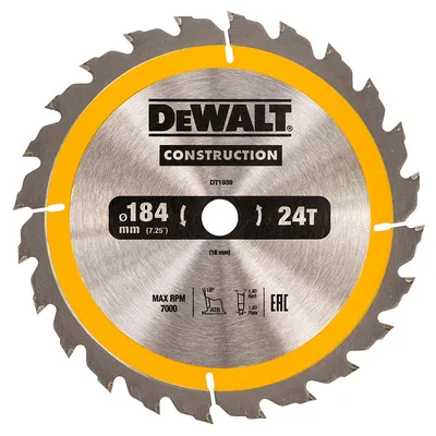 Диск циркулярен за рязане DeWALT на дърво грубо с HM пластини 184 мм, 16 мм, 24 z, Construction