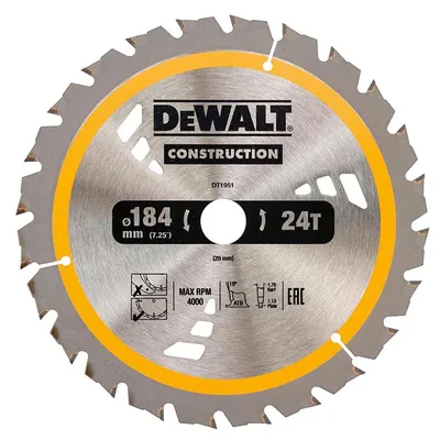 Диск циркулярен за рязане DeWALT на дърво грубо с HM пластини 184 мм, 20 мм, 24 z, Construction