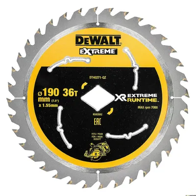 Диск циркулярен за рязане DeWALT на дърво напречно надлъжно с HM пластини 190 мм, 1.55 мм, 36 z, Extreme Runtime