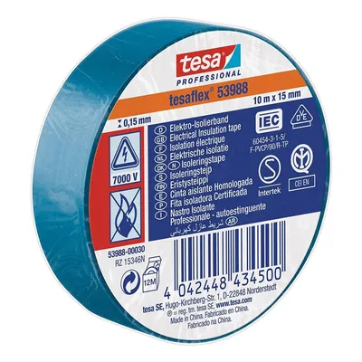 Лента Tesa електроизолационна 15 мм, 10 м, синя, PVC, Professional 53988
