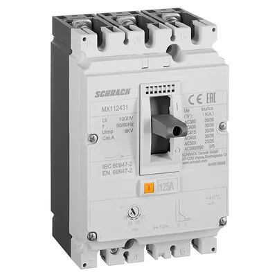 Прекъсвач мощностен Schrack Technik автоматичен тип А-1 регулируем 125 A, 36 kA, 3P, 690 V, 87.5-125 А, MX1