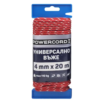 Въже синтетично Powercord от полипропилен плетено ф 4 мм, 20 м, 110 кг, червено