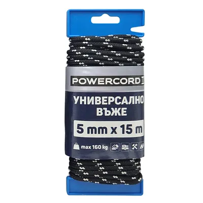 Въже синтетично Powercord от полипропилен плетено ф 5 мм, 15 м, 160 кг, черно