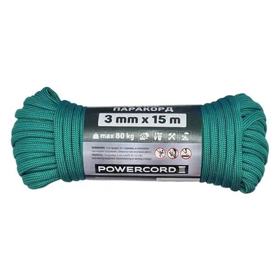 Въже синтетично Powercord плетено за обща употреба ф 3 мм, 15 м, 80 кг, зелено