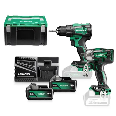 Комплект акумулаторни инструменти HiKOKI - Hitachi с 2 батерии и зарядно, DV18DE, WR18DE, 18 V, 5 Ah, KC18DEWMZ