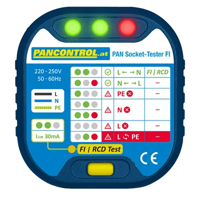 Тестер за контакт и остатъчен ток Pancontrol AC, 220-250 V, PAN Socket-Tester FI