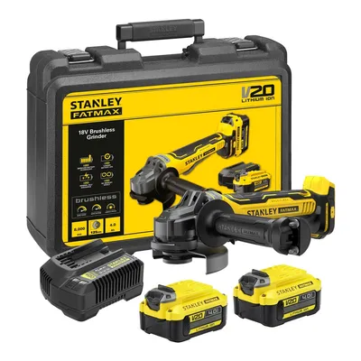 Акумулаторен ъглошлайф Stanley с 2 батерии и зарядно, 18 V, 4 Ah, 125 mm, 8000 об./мин, SFMCG700M2K