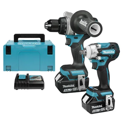 Комплект акумулаторни инструменти Makita с 2 батерии и зарядно, DDF492Z, DTW300Z, 18 V, 5 Ah, DLX2588TJ