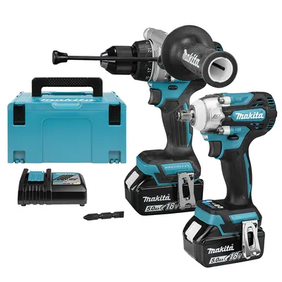 Комплект акумулаторни инструменти Makita с 2 батерии и зарядно, DHP492Z, DTW300Z, 18 V, 5 Ah, DLX2590TJ