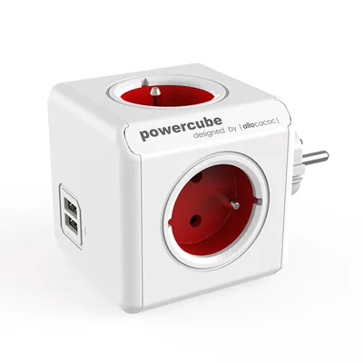 Разклонител електрически Allocacoc с щепсел и USB порт  червен, 4 гнезда, PowerCube Original USB