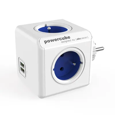 Разклонител електрически Allocacoc с щепсел и USB порт  син, 4 гнезда, PowerCube Original USB