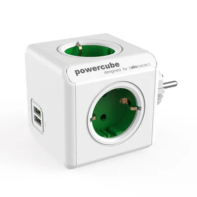Разклонител електрически Allocacoc с щепсел и USB порт  зелен, 4 гнезда, PowerCube Original USB