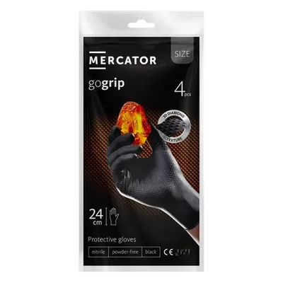 Ръкавици MERCATOR нитрилни за еднократна употреба размер L, 240 мм, черни, 4 бр., 3D диамантена текстура, без пудра, GOGRIP Black A'4