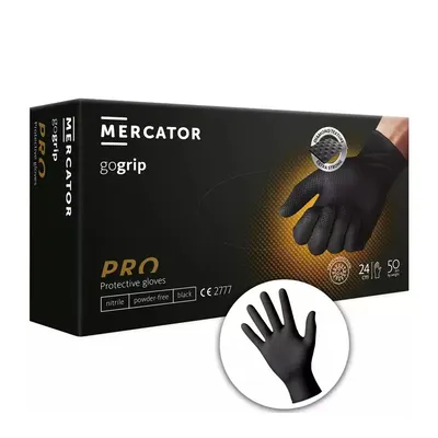 Ръкавици MERCATOR нитрилни за еднократна употреба размер XL, 240 мм, черни, 50 бр., 3D диамантена текстура, без пудра, GOGRIP Black